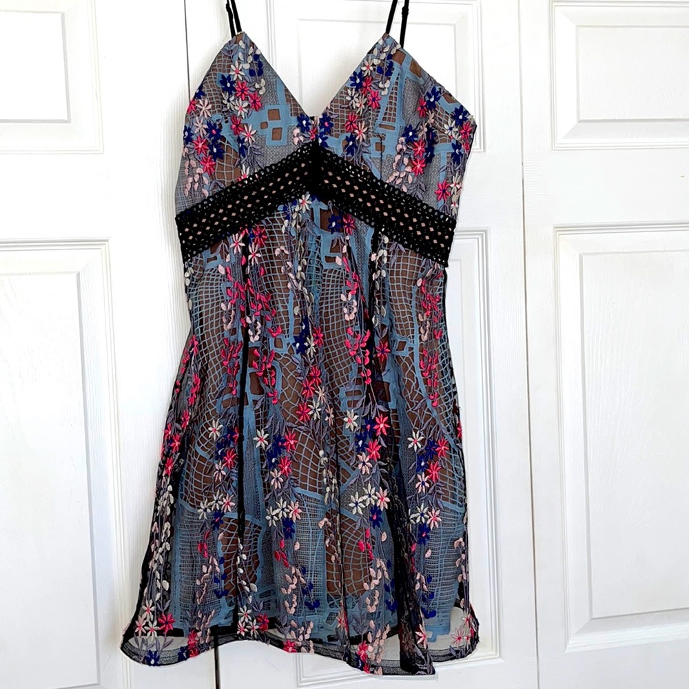 Aqua Embroidered and Lace Mini Fit and Flare Dress